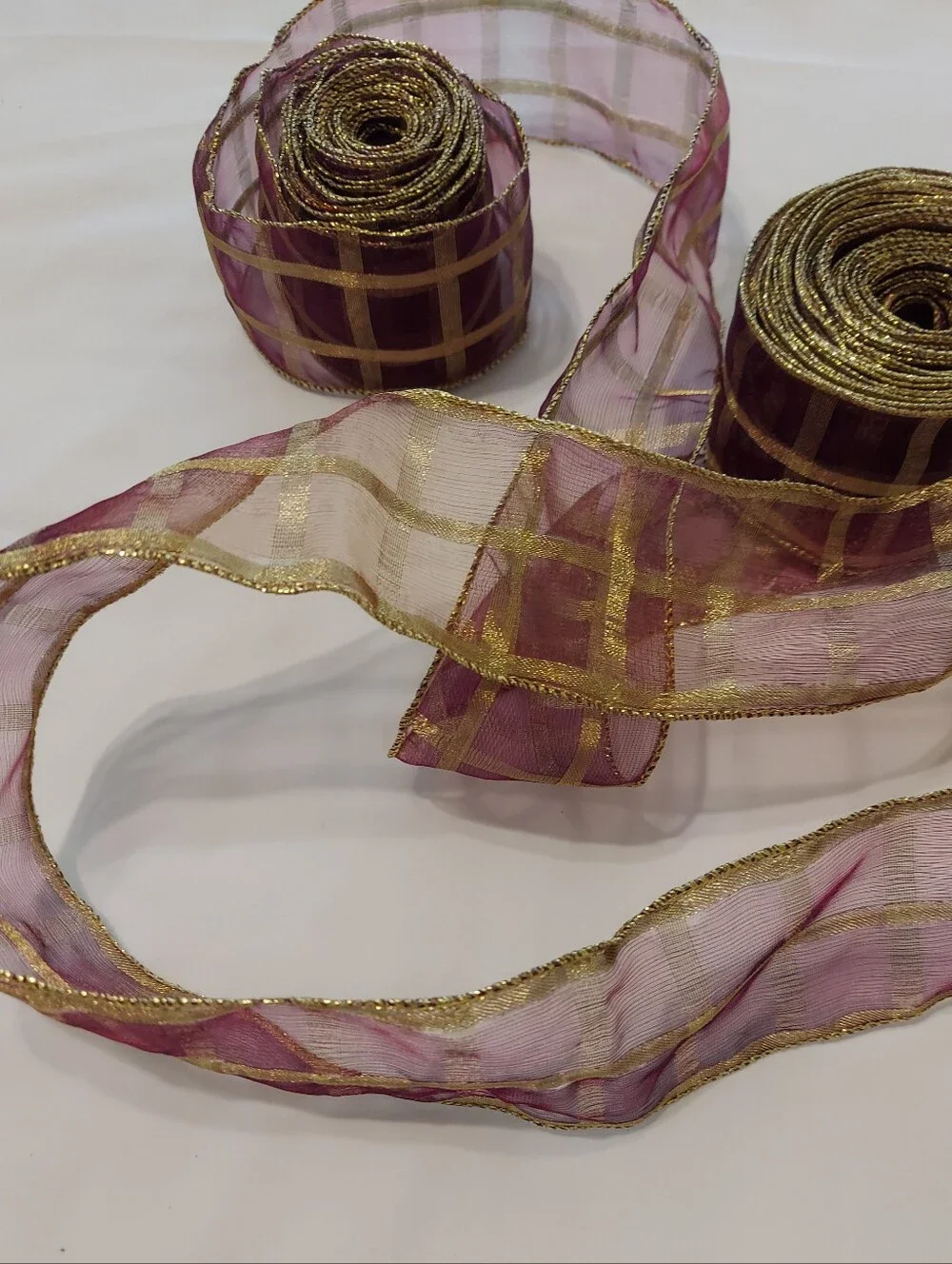 Sullivans Sheer Wired Ribbon, Burgandy/Bronze Gold Metallic Trim/Plaid,17yds,New